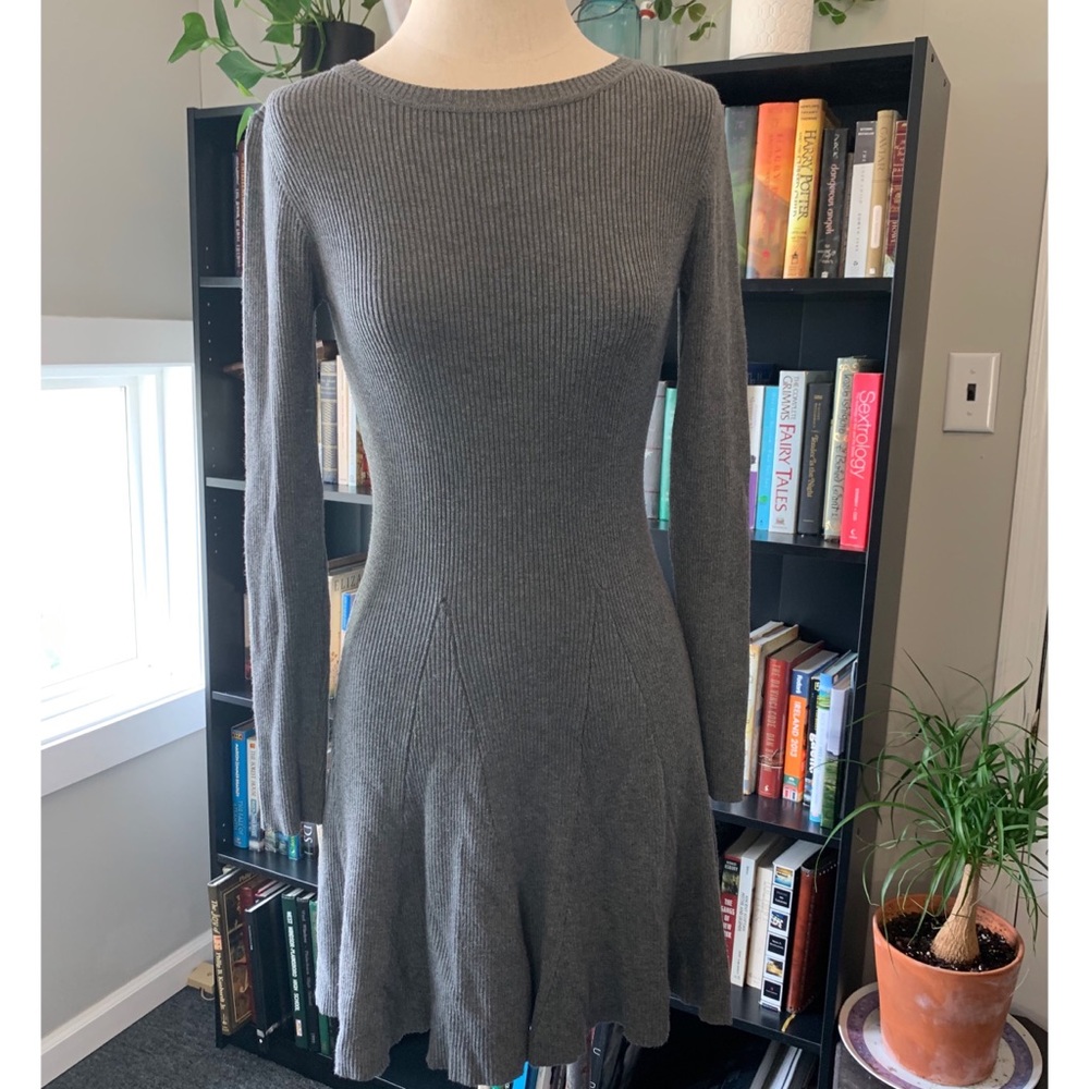 Grey Ribbed Fit and Flare Sweater Dress
